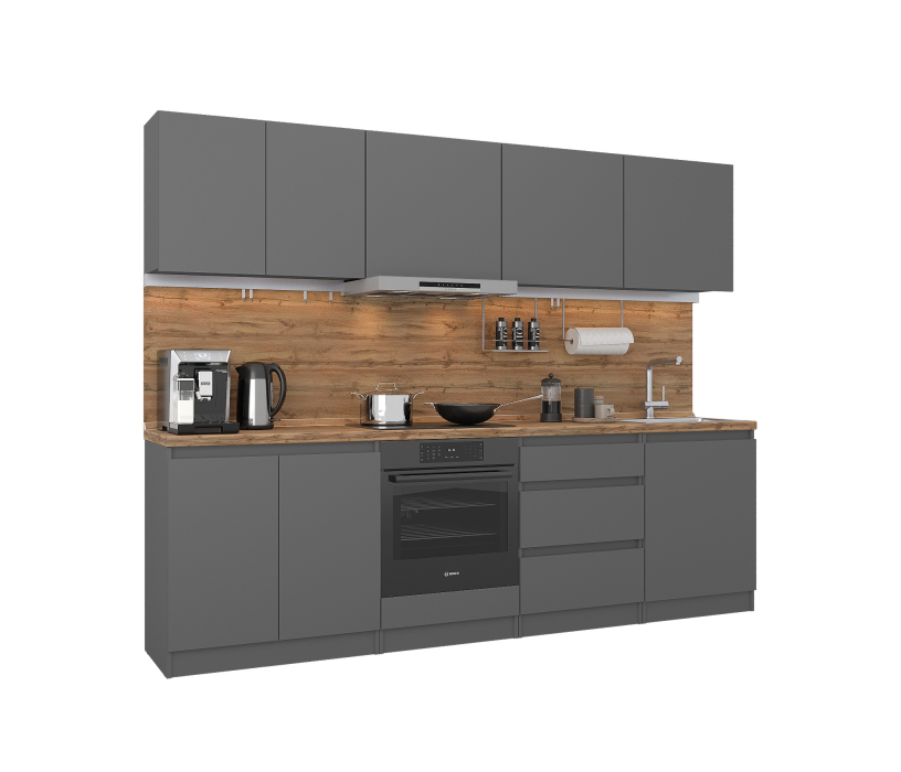 Кухонные гарнитуры, Кухонный гарнитур Леон прямой 260 см, диамант серый