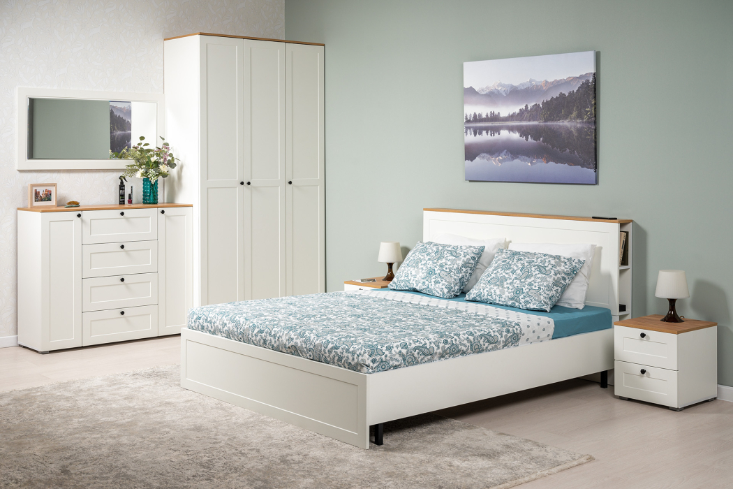 Кровати 160 см, Кровать Остин 11.53, белая шагрень, дуб золотой крафт