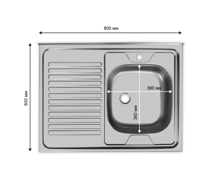 Кухонные мойки, Мойка накладная 80*60 Правая в комплекте с сифоном и крепежом