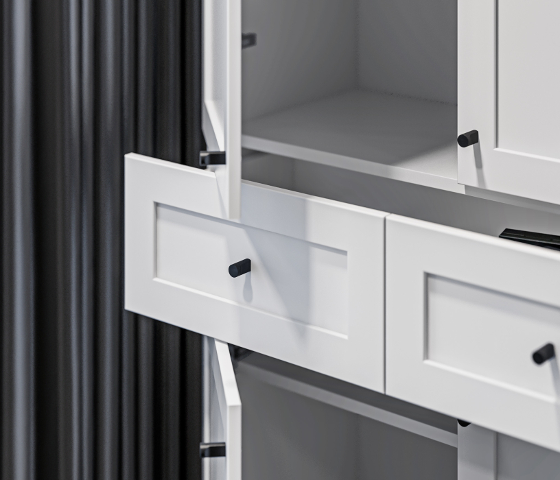 Прямые, Стеллаж Твин СБ-3373 Белый с глухими фасадами и ящиком