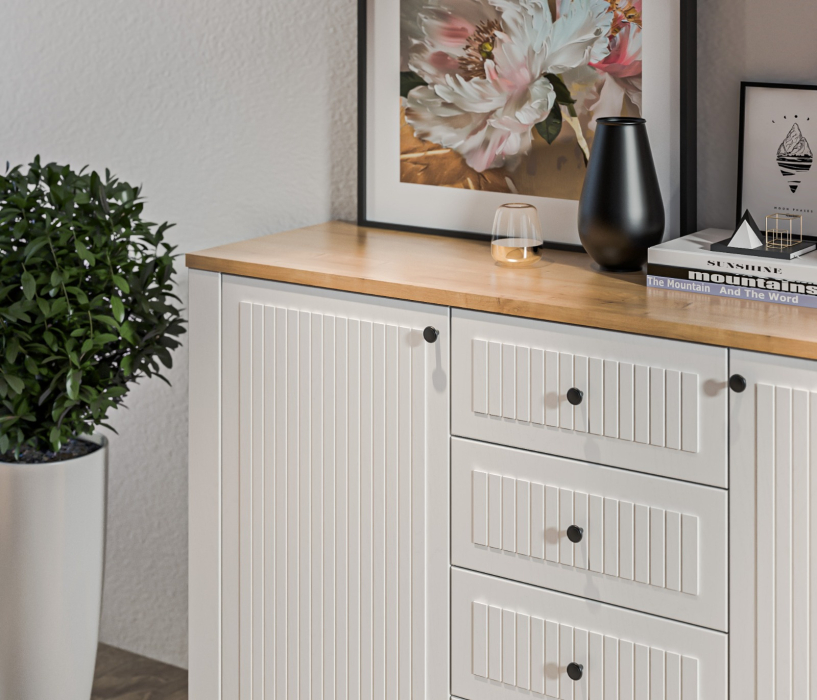 Комоды, Комод Монтана СБ-3547 Белый Альпийский,Дуб Гамильтон/МДФ Дуб Белый