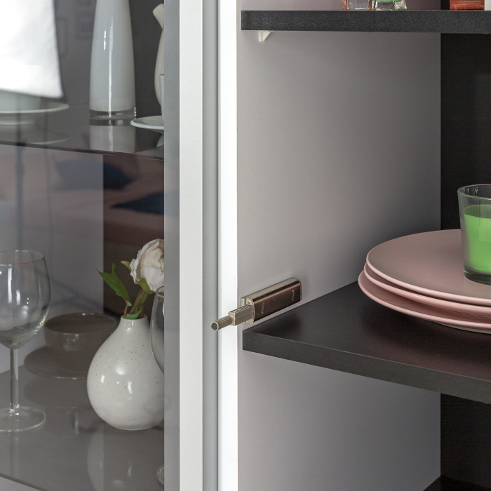 Шкафы распашные, Шкаф-витрина Сидней 13.201, белый премиум, черный, белый глянец