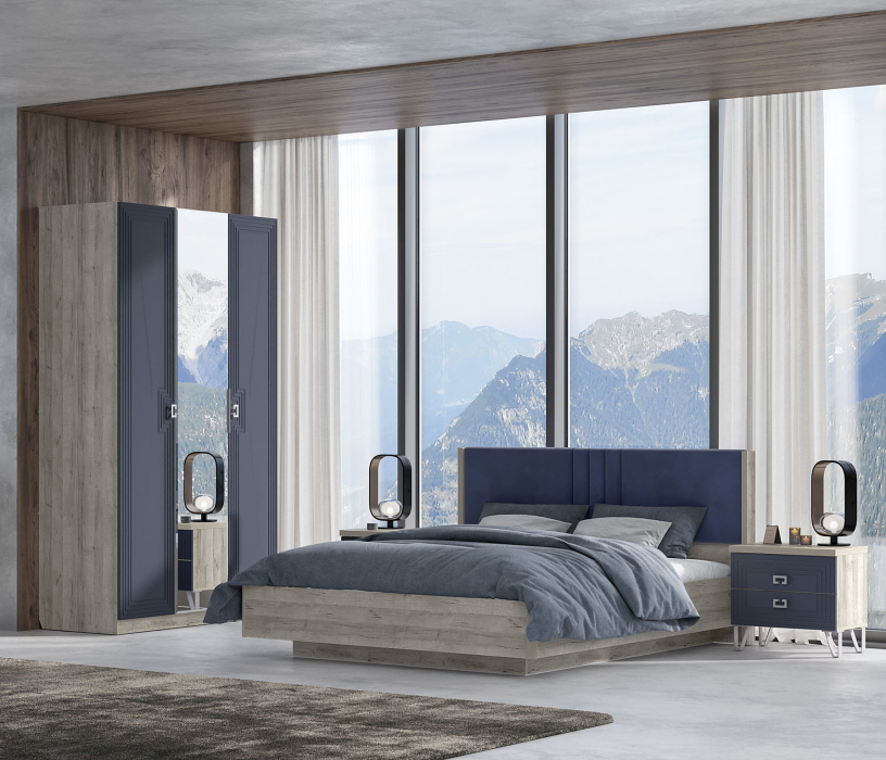 Лежер, дуб серый, холст сапфировый